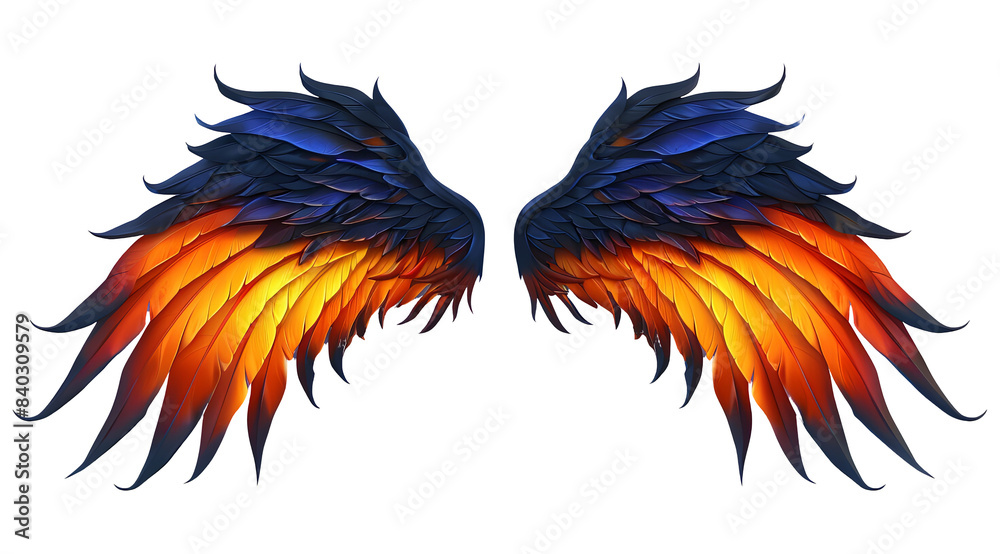 Fototapeta premium Vibrant, colorful digital illustration of symmetrical angel wings with blue, orange, and yellow feathers on a transparent background. PNG transparent