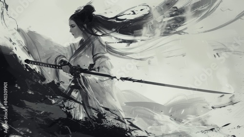 tow anime illustration of a Chinese chivalrous woman holding a sword, in the style of ethereal brushstrokes, ink painting, dark white and dark gray, fluid formation 