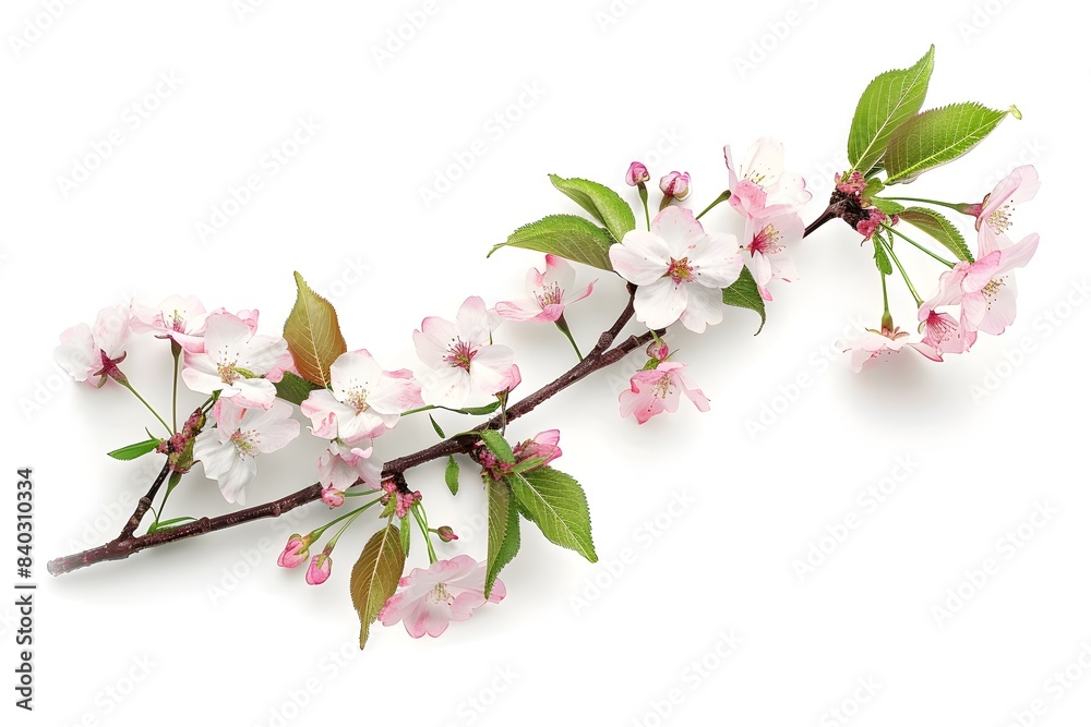 Single Cherry Blossom Tree Branch with Blooming Flowers and Green Leaves on White Background Single Cherry Blossom Tree Branch with Blooming Flowers and Green Leaves on White Background