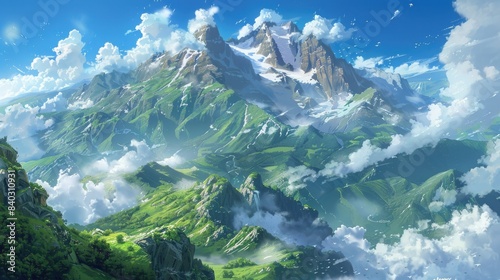 a majestic mountain stands tall amidst a serene blue sky  surrounded by fluffy white clouds
