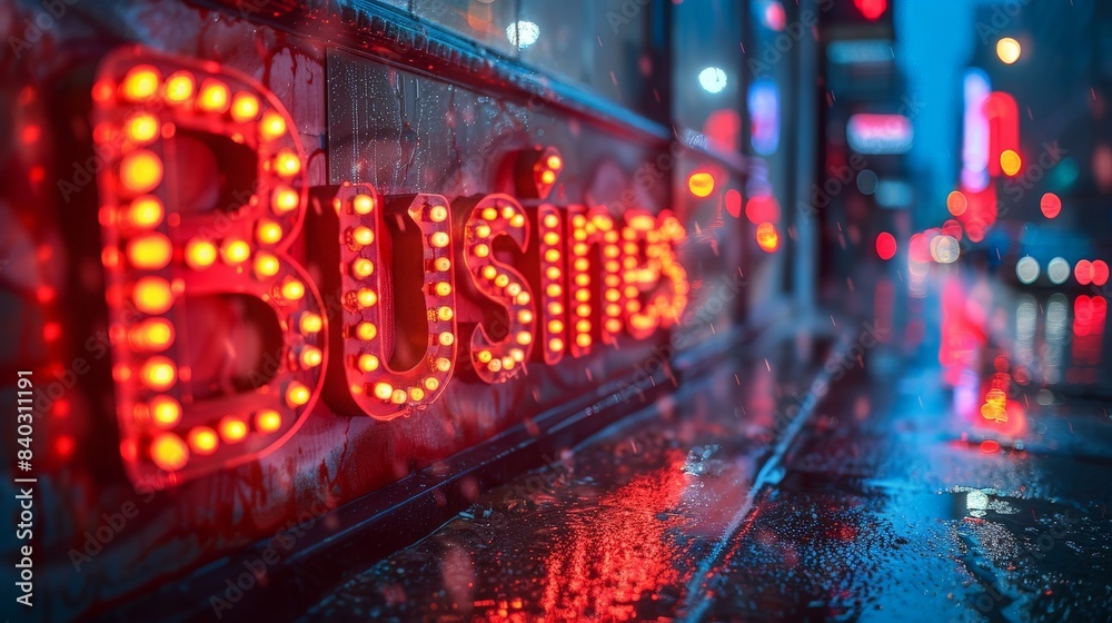 Fototapeta premium Illuminated Cityscape: A Neon Business Sign Glows Amidst Rain and City Lights. Generative AI
