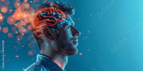 Glowing brain inside man's head, idea concept. Copy space for text photo