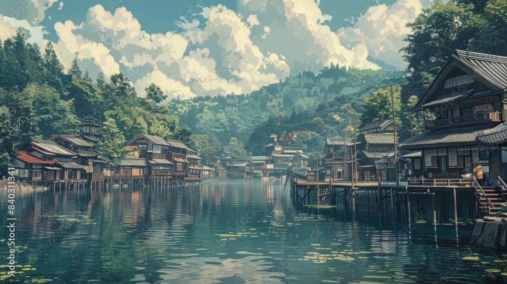 a serene asian village nestled by calm waters, with a building in the foreground and a white cloud overhead