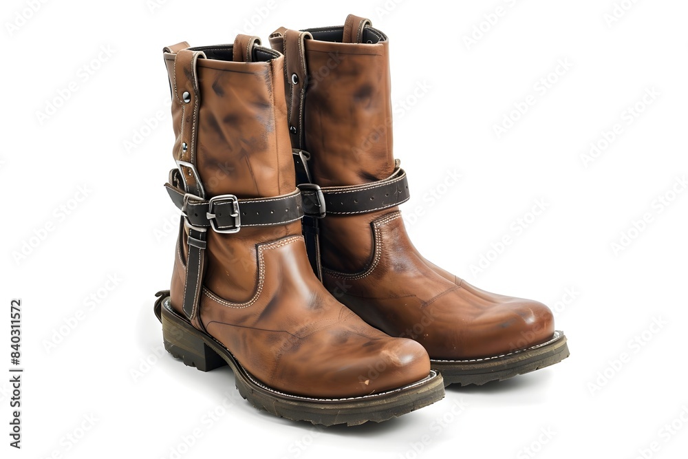 Pair of Tall Leather Boots with Buckles on White Background Pair of Tall Leather Boots with Buckles on White Background