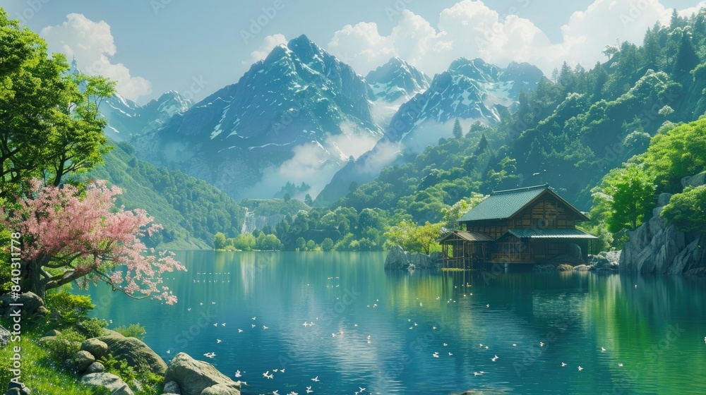 Fototapeta premium a serene mountain lake surrounded by lush green trees and a pink tree, with a small brown building in the foreground and a white cloud overhead