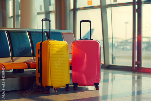 Airport lounge. Two brightly colored suitcases, yellow and pink stand in the airplane lounge. Tourism, airplane travel. Advertising, banner.