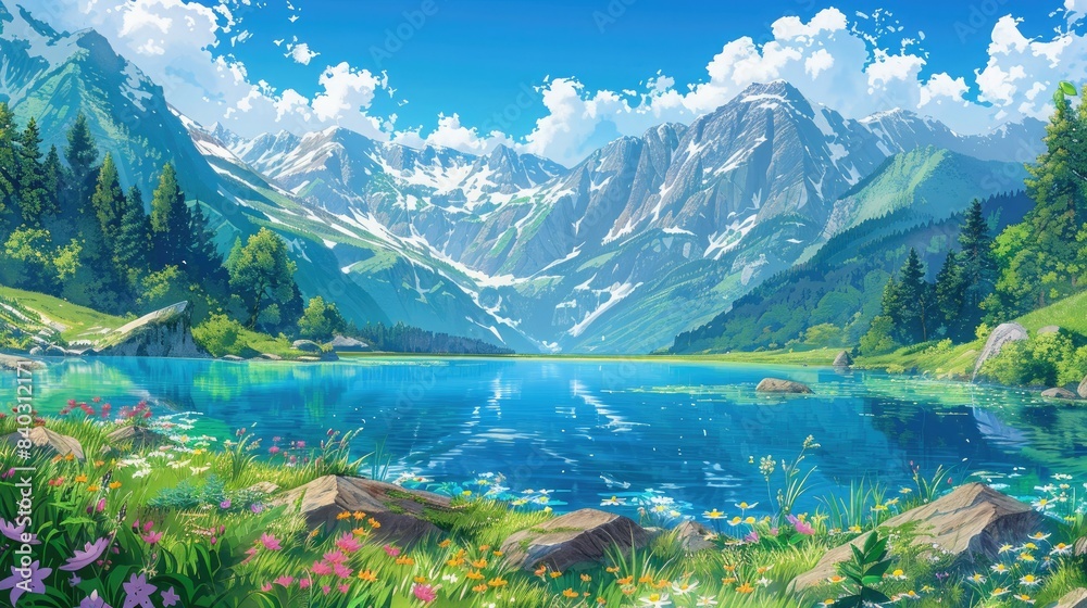 a serene mountain lake surrounded by lush green trees and colorful flowers, with a large gray rock in the foreground and a white cloud overhead a serene mountain lake surrounded by lush green trees and colorful flowers, with a large gray rock in the foreground and a white cloud overhead