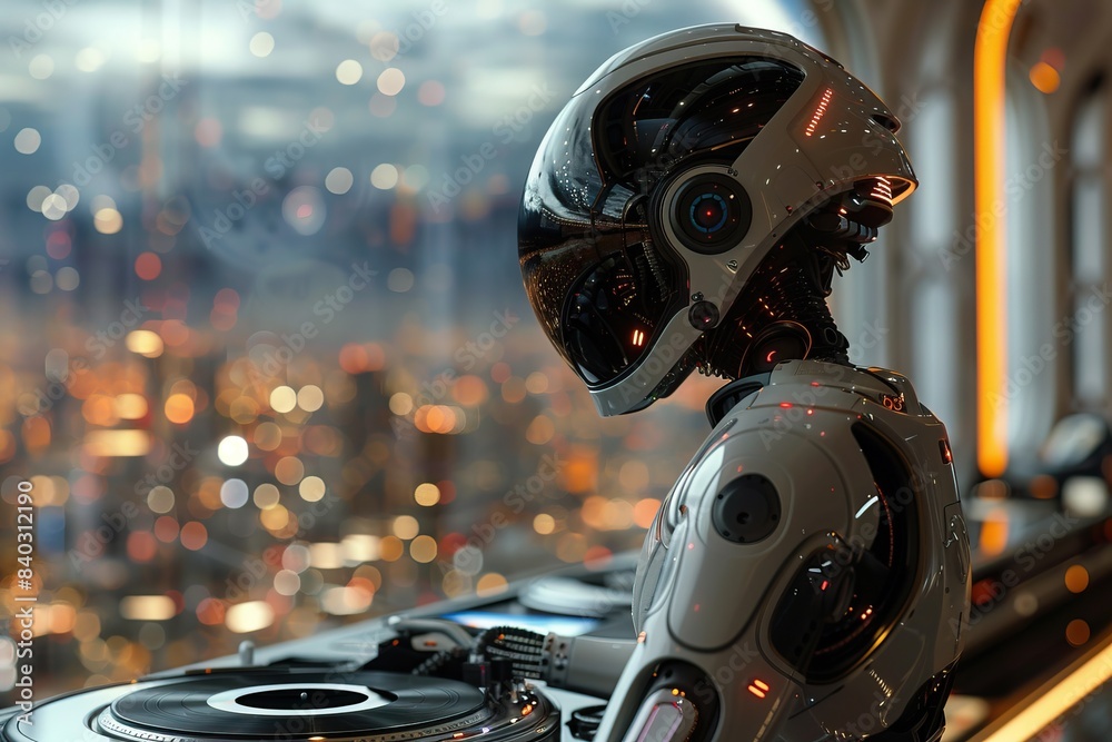 Fototapeta premium Futuristic robot DJ performing in a modern club setting with cityscape background, blending music and technology ambiance.