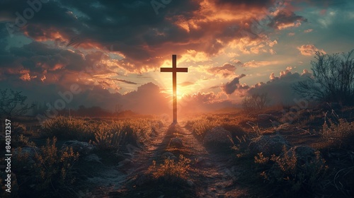Conceptual image with christian cross and jesus  photo