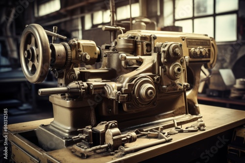 Close-up shot of retro 1980s lathe machine working in industrial manufacturing workshop