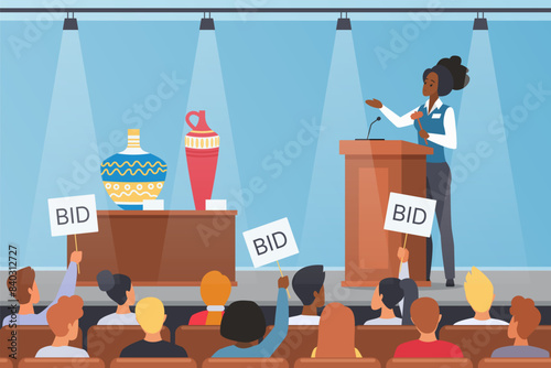 Public bidding for valuable antique vases at auction. Auctioneer with hammer standing on stage near artwork, competitors sitting on seats in hall, raise bids upwards cartoon vector illustration