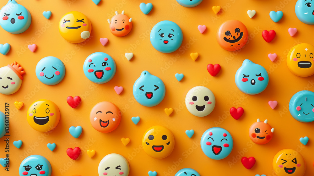 A colorful array of cartoon faces and hearts on a yellow background A colorful array of cartoon faces and hearts on a yellow background