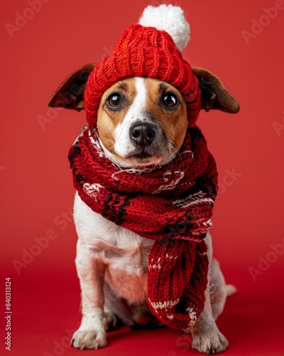 Cute Dog with Red Scarf and Christmas Hat on Red Background

 photo