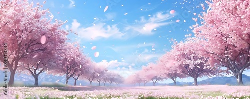 a serene landscape featuring a variety of trees, including pink, purple, and bare ones, set against a blue sky with white clouds