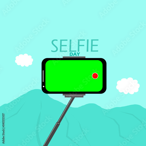 National Selfie Day event banner. A cellphone with a green screen and a selfie stick on mountain background to celebrate on June 21st