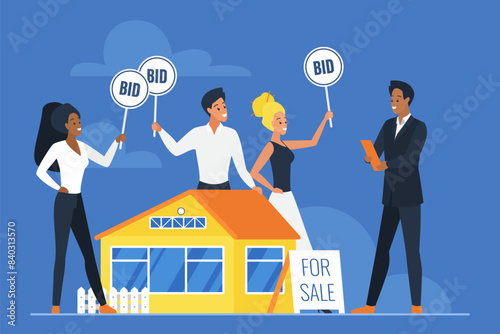 House for sale at auction, competitors bidding to buy real estate. Tiny people hold Bid paddles to offer to auctioneer own price for small family home, bidders vote cartoon vector illustration