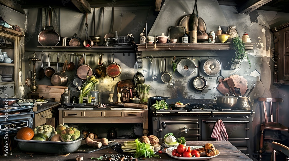 Rustic French kitchen with an array of cooking utensils, fresh vegetables, and herbs, creating a warm and cozy culinary atmosphere. Rustic French kitchen with an array of cooking utensils, fresh vegetables, and herbs, creating a warm and cozy culinary atmosphere.