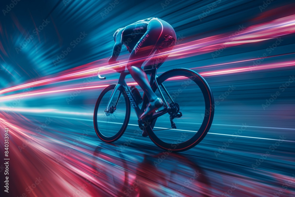 Fototapeta premium Cyclist in futuristic racing scene with neon lights