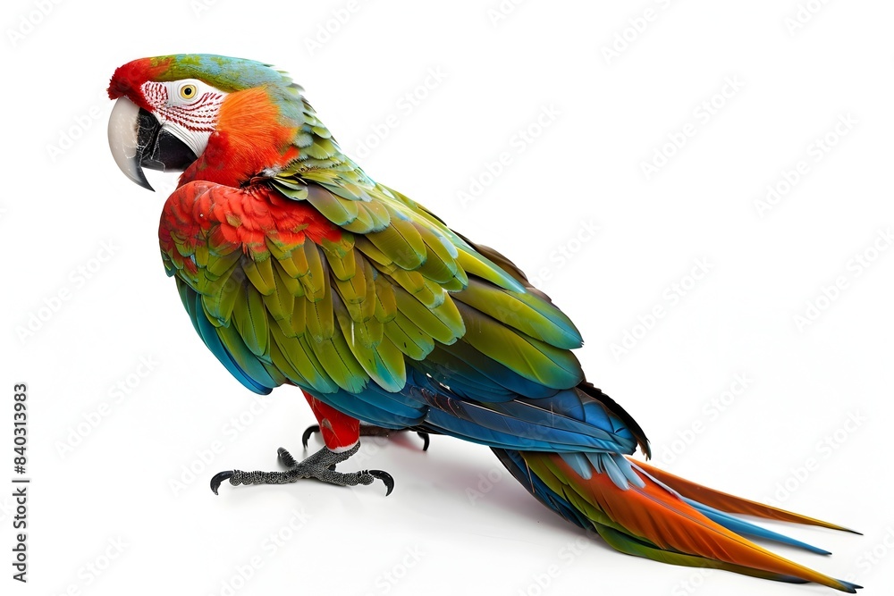 Fototapeta premium Vibrant Parrot Perched on a Plush or Model on White Background