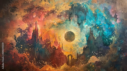 Abstract cosmic artwork featuring a celestial phenomenon with vibrant colors and intricate patterns, evoking a sense of mystery and wonder. photo