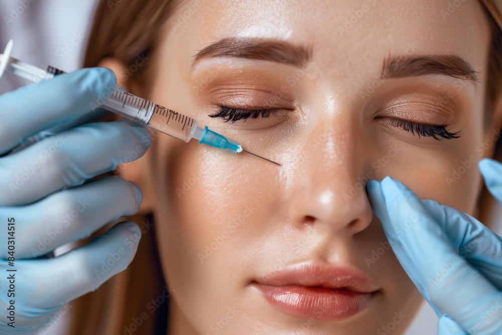 Cosmetologist injecting botox on woman s face with blurred background, space for text placement