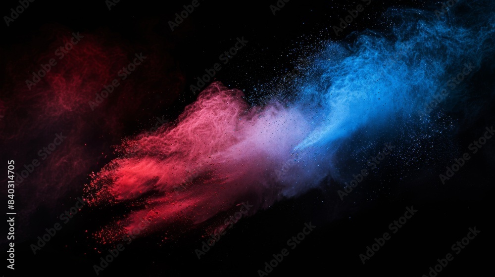Blue and Red color powder explosion on black background. Colored cloud. Colorful dust explode. Paint Holi. Blue and Red color powder explosion on black background. Colored cloud. Colorful dust explode. Paint Holi.