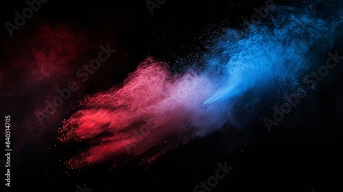 Blue and Red color powder explosion on black background. Colored cloud. Colorful dust explode. Paint Holi.