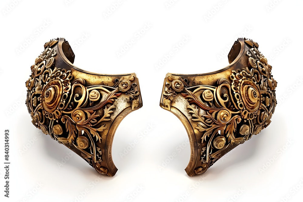 Obraz premium A pair of ornate decorative cuffs showcasing intricate metallic braided patterns and embellishments on a pure white background