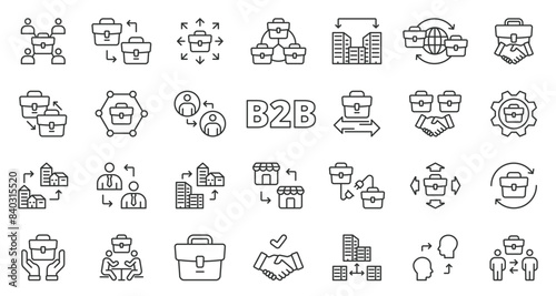 B2B icons, in line design. B2B, business, commerce, trade, company, corporate, services on white background vector. B2B editable stroke icons.