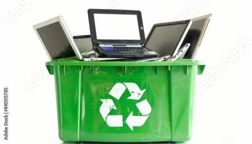 Laptops thrown into a green recycling bin, illustrating the concept of electronic waste disposal