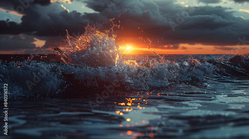 Vibrant sunset backdrop with dynamic ocean waves splashing in vivid colors