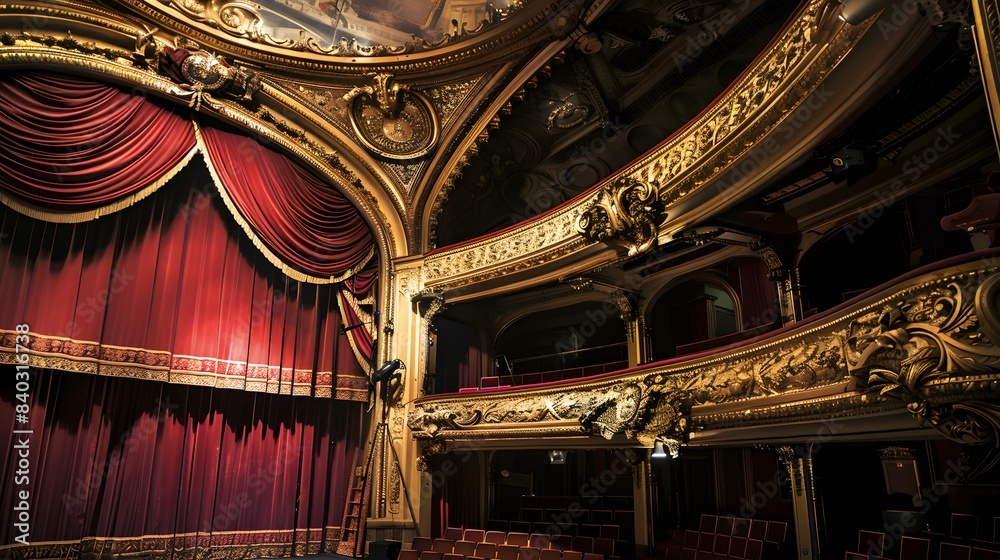 Obraz premium Luxurious French theater interior with red curtains, ornate golden arches, and elegant balcony seating showcasing rich architectural details.