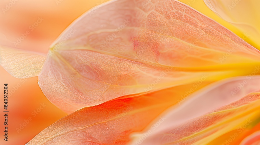 Closeup of translucent petals with subtle yellow accents on the soft peach color background. Closeup of translucent petals with subtle yellow accents on the soft peach color background.