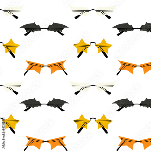 Pattern of various colorful sunglasses. Summer sunglasses, fashionable eyeglass frames. Various shapes and styles. Seamless pattern for fabric, textiles, background, wrapping paper, banner