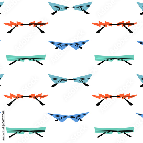 Pattern of various colorful sunglasses. Summer sunglasses, fashionable eyeglass frames. Various shapes and styles. Seamless pattern for fabric, textiles, background, wrapping paper, banner