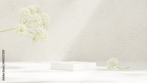 Background 3D rendering minimalist white podium and peucedanum rablense flower for product presentation in landscape photo