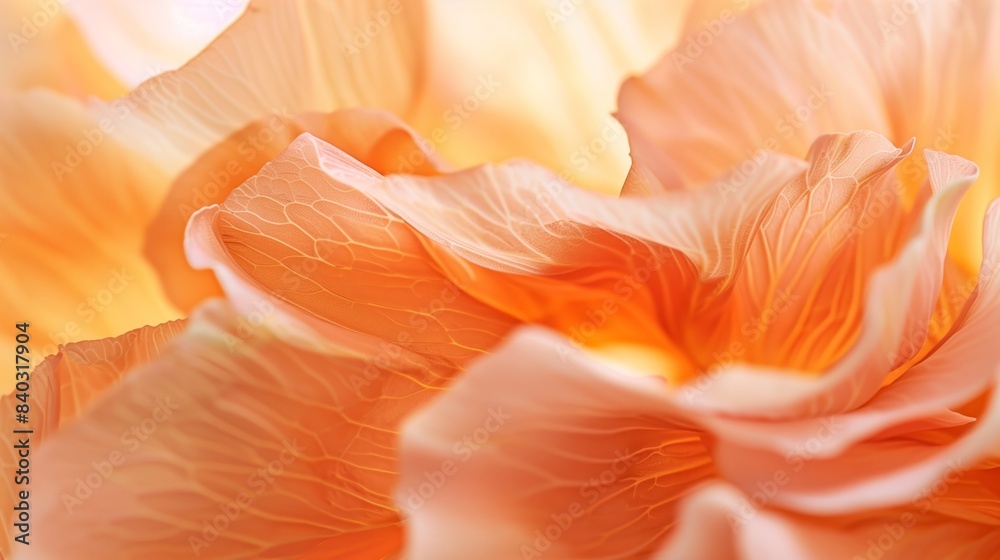 Closeup of translucent petals with subtle yellow accents on the soft peach color background.