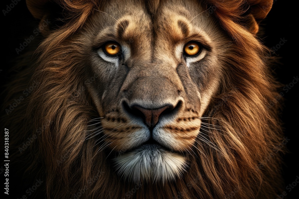 Lion portrait on black background. A close-up of a lion’s face, with a focus on the eyes. The lion has a rich, golden mane, and its eyes are looking directly at the viewer. Lion portrait on black background. A close-up of a lion’s face, with a focus on the eyes. The lion has a rich, golden mane, and its eyes are looking directly at the viewer.