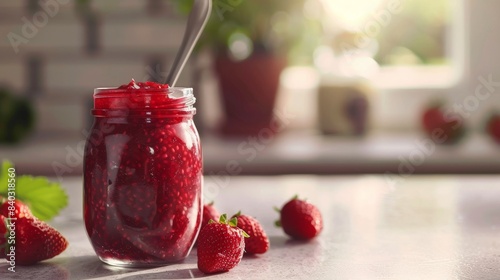 A jar filled with vibrant red strawberry jam, accompanied by fresh strawberries, is showcased on a sunlit kitchen counter