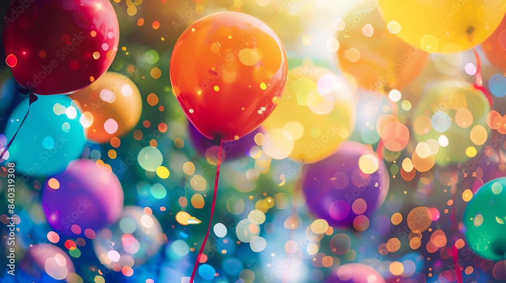Balloons of various colors floating in the air close up, focus on, copy space, bright and lively, double exposure silhouette with joy Balloons of various colors floating in the air close up, focus on, copy space, bright and lively, double exposure silhouette with joy