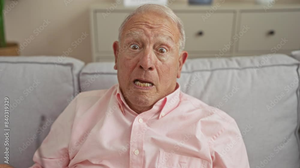 Elderly man in a pink shirt inside a living room, transitioning from holding to removing his glasses with an expressive face. Elderly man in a pink shirt inside a living room, transitioning from holding to removing his glasses with an expressive face.