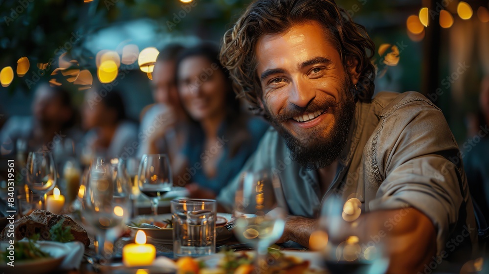families and friends gathered outside their home for an outdoor summer dinner on a warm summer evening multiethnic people having fun communicating with each other and eating.stock image families and friends gathered outside their home for an outdoor summer dinner on a warm summer evening multiethnic people having fun communicating with each other and eating.stock image