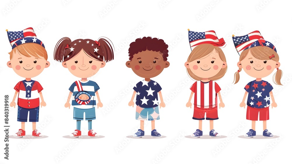 Cheerful Cartoon Kids in Patriotic Outfits Celebrating National Holiday Cheerful Cartoon Kids in Patriotic Outfits Celebrating National Holiday