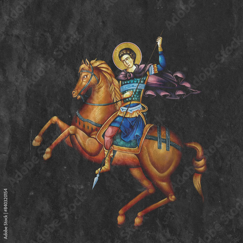 Christian traditional image of Saint Demetrius. Religious illustration on black stone wall background in Byzantine style photo