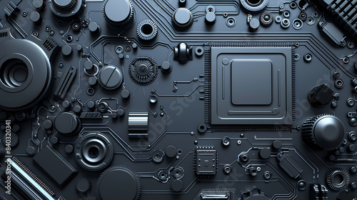 Close-up of a detailed electronic motherboard showcasing various components and circuits in a high-tech environment.