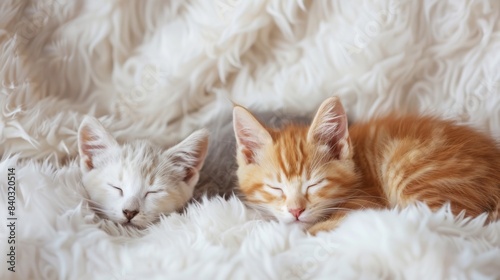 Two kittens, one white and one orange, sleep soundly on a fluffy white blanket. © Emiliia