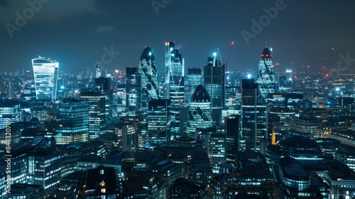 City of London view at night  business network connections concept.