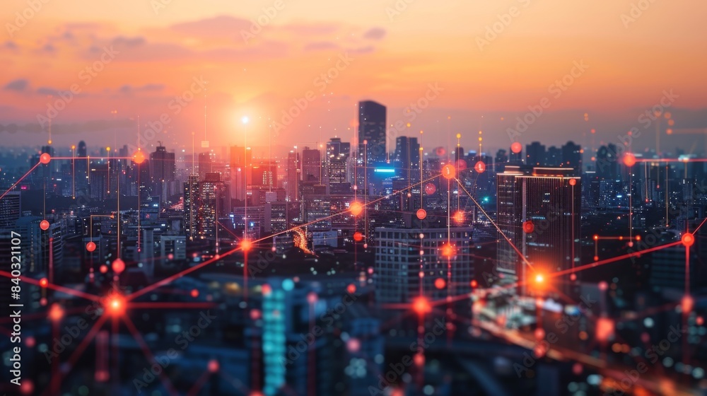 Fototapeta premium City scape and network icon connection concept