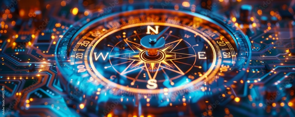 Futuristic Compass on a Circuit Board close up, focus on, copy space Neon lights, advanced technology, sleek design, Double exposure silhouette with circuits and compass Futuristic Compass on a Circuit Board close up, focus on, copy space Neon lights, advanced technology, sleek design, Double exposure silhouette with circuits and compass