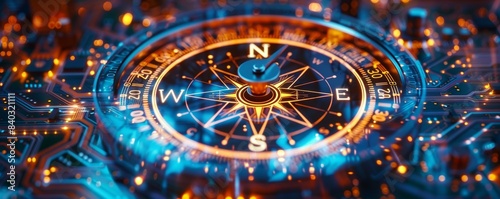Wallpaper Mural Futuristic Compass on a Circuit Board close up, focus on, copy space Neon lights, advanced technology, sleek design, Double exposure silhouette with circuits and compass Torontodigital.ca